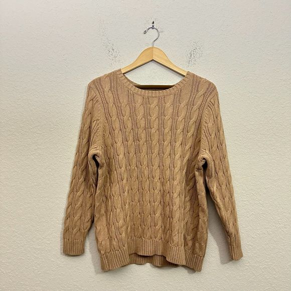 NWT LANDS' END Long Sleeve Cable Knit Crew Neck Pullover Sweater in Tan - Picture 1 of 8